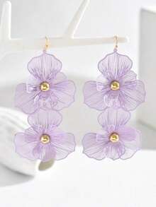 1 Pair Fashion Purple Double-Layer Flower Earrings, Exaggerated Design, Women's Long Multi-Layer Flower Pendant Earrings, Suitable For Valentine's Day, Daily Wear, Mother's Day, Gift - Double-layered Flower Earrings - View 6
