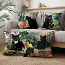 4件套油画风格黑猫金鱼植物图案抱枕套，单面印花，柔软桃皮绒面料，45*45厘米，适用于家居卧室客厅派对装饰，沙发装饰抱枕套，礼品装，不含枕芯 - 彩色 - 查看 9