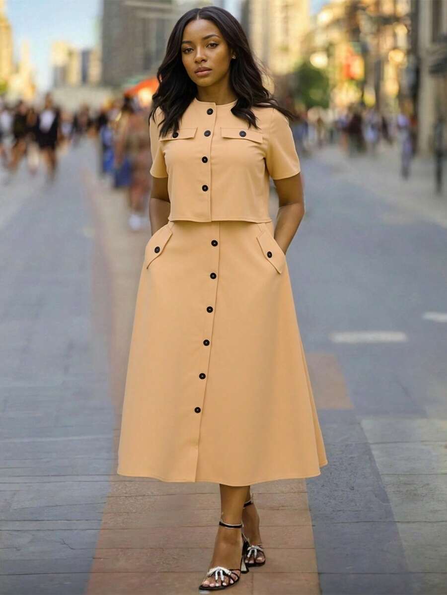 2pcs Set Casual Round Neck Short Sleeve Button Design Cropped Top & Single-Breasted Pocket A-Line Skirt Suit Summer - Khaki - View 1