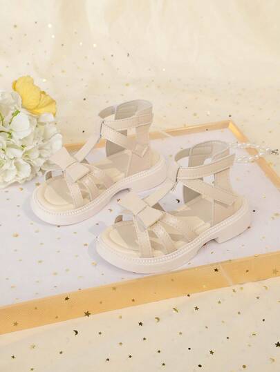 1 Pair Beige Girls' Fashion Sandals, PU Leather Woven Thin Wide Strap Bow Decor Criss-Cross Simple Design Round Toe Soft Bottom Non-Slip Lightweight Sole Lovely Roman Beach Sandals, Suitable For 3-12 Years Old Girls Daily, Party, Casual, Travel, Holiday, 2026 Spring/Summer New Arrival