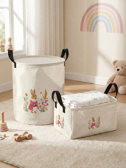 1个/2个装复活节图案印花大容量可折叠圆形收纳篮，带提手，多用途收纳篮，适用于婴儿房、尿布、衣物、玩具整理，可折叠收纳盒