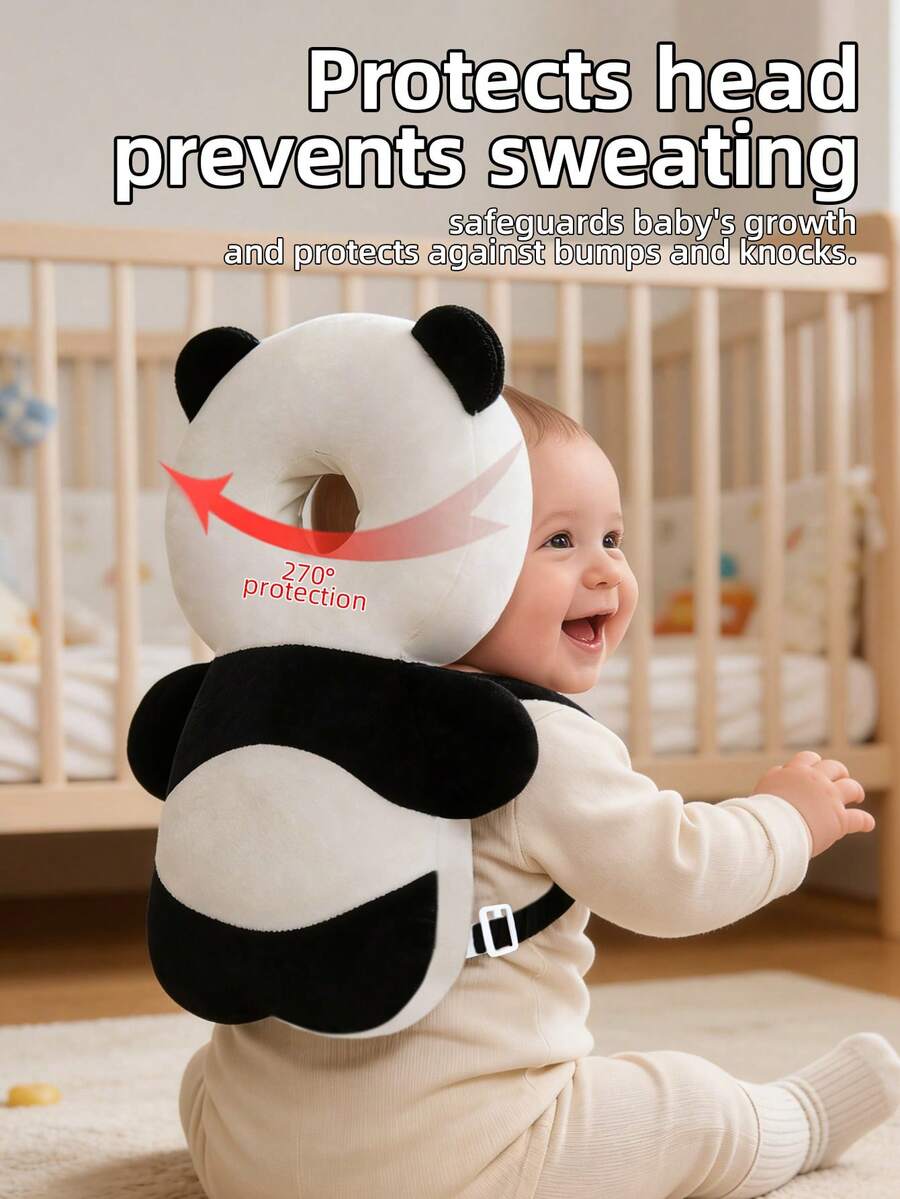 1个新款熊猫头枕防摔垫，幼儿防撞帽，婴儿头枕，婴儿爬行防撞工具，可调节婴儿头部保护垫背包 - 卡通动物设计，适合学步、爬行和婴儿学步车 - 貓熊款 - 查看 1