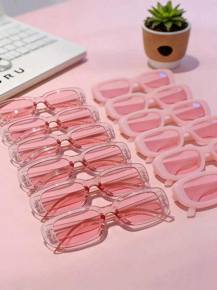 8pcs Fashion Square Frame Party Glasses, Versatile Square Frame Suitable For Beach & Summer, Stylish Pink Oval Small Frame, Suitable For Beach, Party, Photography And Casual Elegant Daily Wear, Women's Minimalist Modern Neutral Street Style - Pink Glasses - View 1