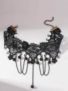 1pc Gothic Style Choker Necklace, Dark Tassel Chain, Lace Collar Necklace For Halloween Party - Multicolor - View 10