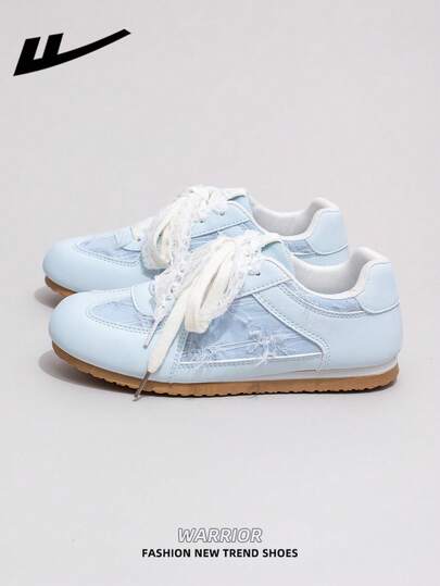  1 Pair WARRIOR Women's Thick Sole Lace-Up Soft Bottom Casual Shoes, Low-Top Outdoor Flat Shoes, Round Toe Low Heel Elegant Soft Bottom Hiking Shoes Suitable For Students, Graduation Photos, Flat Leather Casual Sneakers