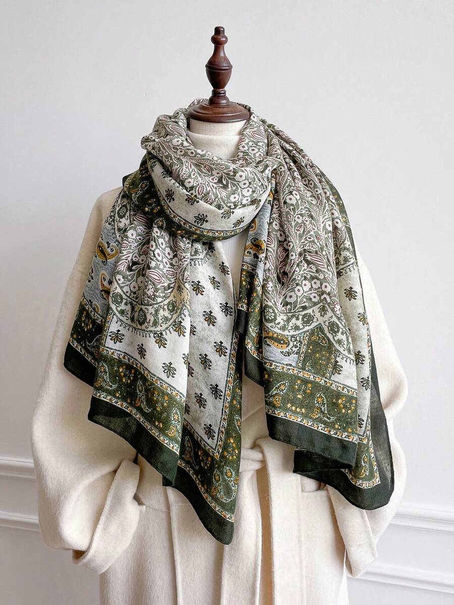 1 chiếc khăn choàng nữ thời trang cổ điển in họa tiết hoa văn Paisley, chất liệu vải lanh mềm mại, kiểu dáng Bohemian mùa thu/đông, thích hợp sử dụng hàng ngày. - Màu xanh lá cây đậm - Xem 1