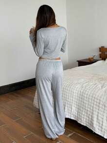 两件套女士蕾丝拼接长袖上衣+松紧腰裤可爱睡衣套装 - 灰色 - 查看 8