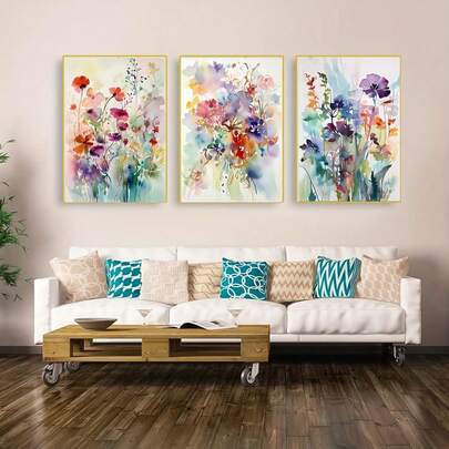 Juego de 3 piezas de arte de pared moderno nórdico, pintura mural de flores abstractas en acuarela, pintura mural de ramo colorido, decoración de sala de estar, decoración del hogar, decoración de habitación, decoración de pared, decoración de dormitorio, decoración de baño, pintura colgante de sofá, pintura de planta central
