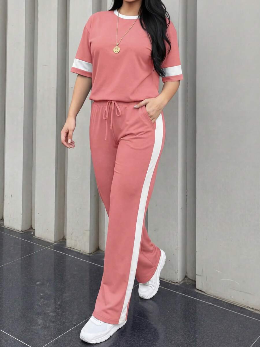 2pcs/Set Women's Casual Colorblock Round Neck Short Sleeve Top And High Waist Drawstring Straight Leg Pants, Spring/Summer Pink - Pink - View 1