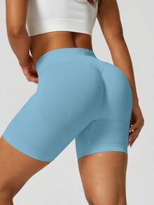 NcmRyu 1件装女士无缝弹力提拉塑形瑜伽健身跑步运动短裤 - 淺藍色 - 查看 10