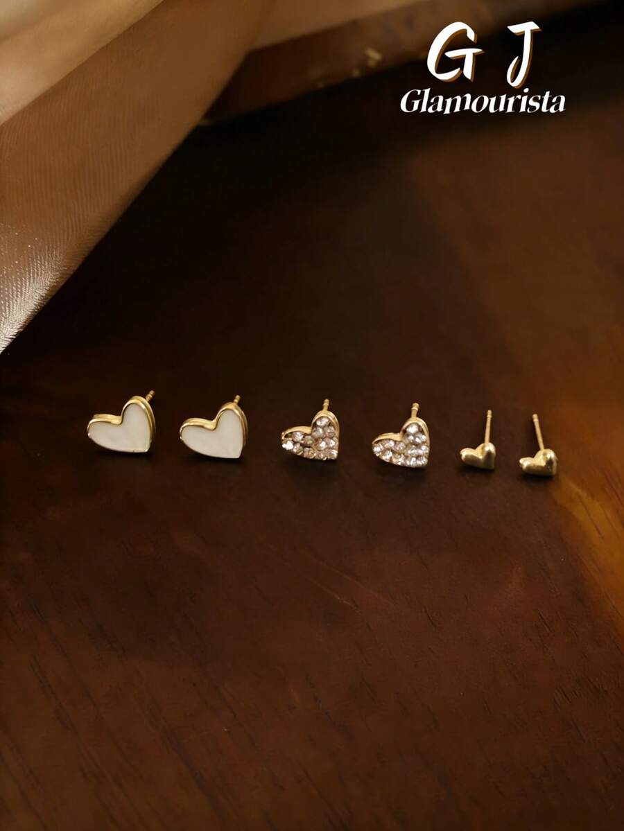 3 Pairs Fashionable Cute Petite Versatile Heart-Shaped Earrings, Suitable For Women's Daily And Holiday Wear - Yellow Gold - View 1