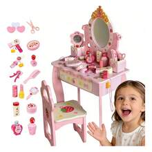 Juego de Madera Tocador para Niñas con Espejo, Mesa de Maquillaje y Juego de Imitación para Princesitas, Madera Resistente De Maquillaje Vanity Set Rosa, Cajones para Guardar Juguetes y Accesorios - Rosa - Ver 10