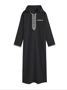 Men's Pattern Embroidered Zip-Up Hooded Robe, Casual Long Sleeve Muslim Formal Wear, Suitable For Multiple Seasons Islamic Clothing - Black - View 2