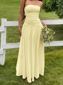 PEONY Women's Elegant French Style Solid Color Strapless Sleeveless Waist Flared Dress, Yellow, Suitable For Summer Vacation, Birthday Party, Fairy Style, Festivals, Outdoor, Graduation Ceremony, Casual Evening, Garden, Party - Light Yellow - View 2