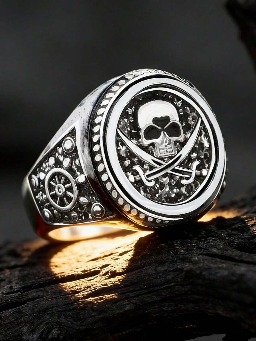 [Gothic Skull Ring] [Rugged Texture]Vintage Punk Style Jewelry, Classic Vintage Gothic Hip-Hop Skull Ring, Copper Ring - Silvery Exquisite Skull Design, Suitable For Halloween, Christmas, Birthday Gift Ring, For Teenager Intricate Design, 1 Piece - Multicolor - View 1