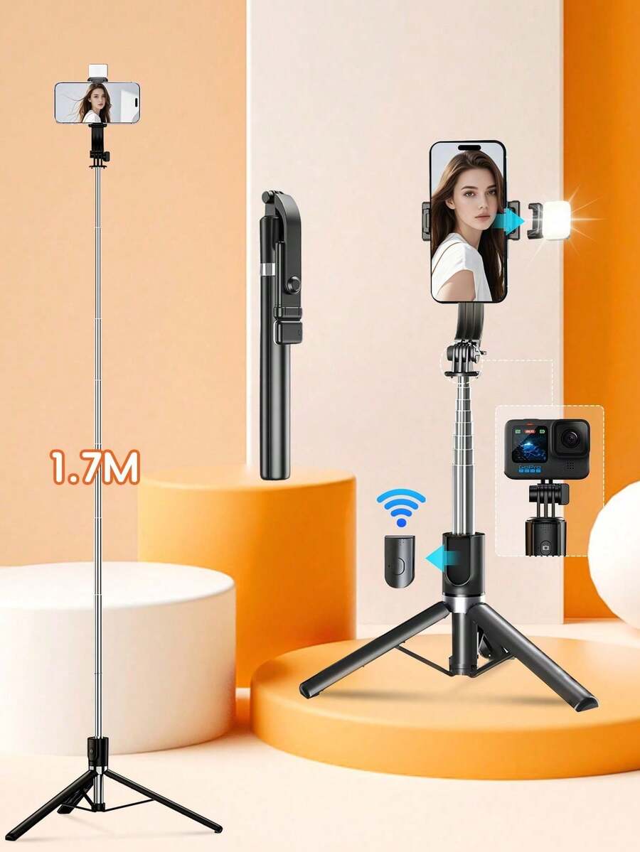 Gậy selfie không dây Bluetooth 1.7m với đèn LED chiếu sáng, xoay 360°, điều khiển từ xa không dây, giá đỡ điện thoại, tương thích với iPhone 16/15/14/13/12/11/Max/Pro/Xs/Xr/X/Plus, Galaxy S25/S24/S23/S22 Ultra và các điện thoại thông minh Android khác, thích hợp cho du lịch và phát trực tiếp.
