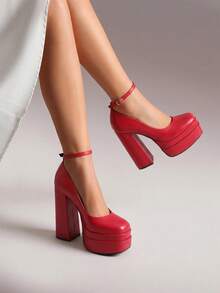 Women's High Chunky Platform Square Toe Heels Pumps Closed Toe Block Ankle Strap Solid Color Dress Fashion Party Y2K Shoes For Fall And WInter - 紅色 - 查看 1