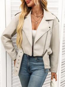 Women's Solid Color Minimalist Casual Zip-Up Short Jacket - Milk Gray New - View 4
