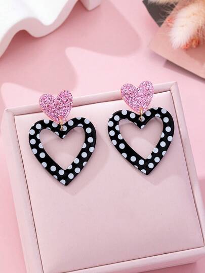 1 Pair Fashion Cute Women's Dangle Earrings, Pink And Black & White Acrylic Heart Shaped Party Style Earrings, Suitable For Daily Wear
