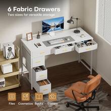 HLDIRECT Computer Desk With 6 Drawers, 47" Home Office Desk With Fabric Storage, Sturdy Steel Frame, Vintage Wood Grain Writing Table For Bedroom, Living Room, Yellow Handle, White - 白色 - 查看 4