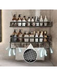 黑色金屬浴室淋浴收納架，懸掛式鋼鐵鐵藝儲物架，壁掛式洗臉盆用品毛巾架，多功能浴室收納架廚房儲物架，可壁掛於浴室與廚房，免鑽孔/鑽孔雙用，可用於存放洗髮精與護髮素，亦可存放香氛、盥洗用品與化妝品，鏤空排水設計，浴室配件理想選擇，浴室收納與整理，居家收納與整理用品，廚房收納 - 黑色 - 查看 3