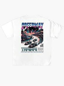 男士街头风赛车印花宽松T恤 - 白色 - 查看 4