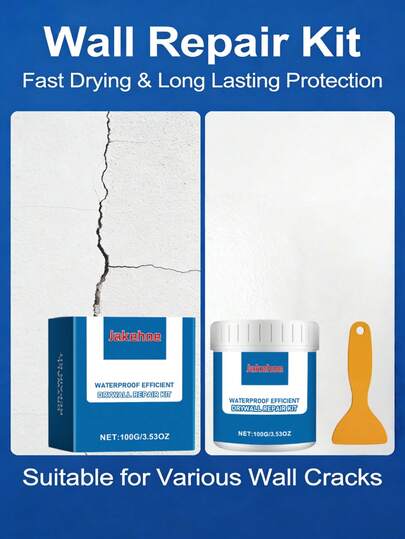 jakehoe 墙面修补套装 - 速干持久，适用于多种墙面。这款墙面修补套装专为家庭墙面维护而设计，适用于乳胶漆墙面、水泥墙面、石膏板墙面及其他常见墙面。它能轻松解决常见的墙面问题，例如裂缝、剥落、孔洞和凸起。修补膏质地细腻，易于涂抹，无需专业工具，即使是新手也能轻松使用。涂抹后快速干燥硬化，无需长时间等待。