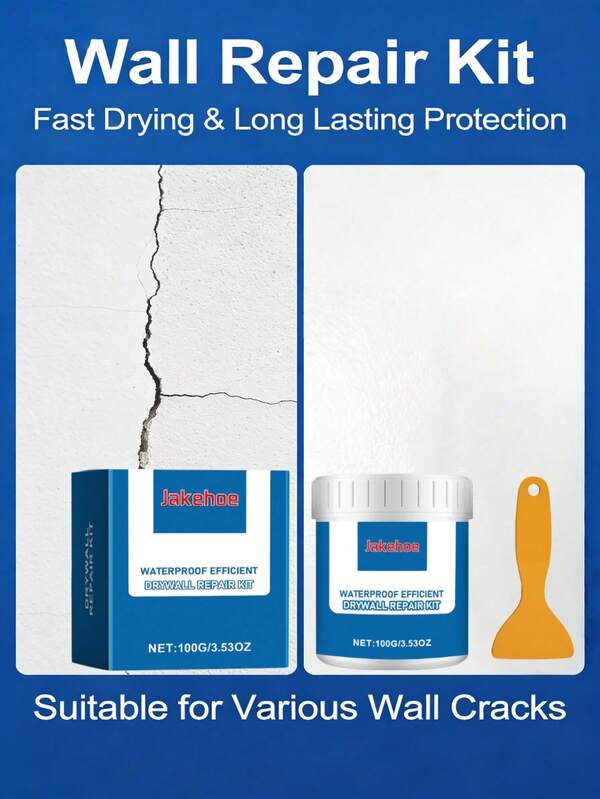 jakehoe Kit de reparación de paredes - Protección de secado rápido y de larga duración para diversas superficies de pared. Este kit de reparación de paredes está diseñado especialmente para el mantenimiento de paredes del hogar, adecuado para paredes con pintura de látex, paredes de cemento, paneles de yeso y otras superficies de pared principales. Resuelve fácilmente problemas comunes de la pared como grietas, descascarillado, agujeros y protuberancias. La pasta de reparación tiene una textura fina y es fácil de aplicar, no se requieren herramientas profesionales, incluso los principiantes pueden usarla fácilmente. Se seca y se endurece rápidamente después de la aplicación, sin necesidad de un largo tiempo de espera.