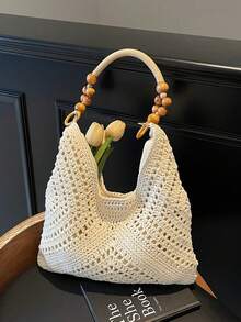 Urban Minimalist Hollow Diamond Design 2026 Spring Large Capacity Crochet Knitted Shoulder Bag, Fashion Casual Travel Tote Bag, Minimalist Off-White Color With Wooden Bead Handle Details, Soft Lightweight Touch, Open Top Design, Suitable For Travel, Beach Trips, Daily Commute, Shopping, Gifts - A - 查看 6