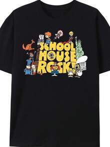 Camiseta de Talla con Personajes de Dibujos Animados Coloridos Estilo Vintage School House Rocks - Camiseta Negra de Manga Corta, Texto Amarillo Atrevido y Divertido con Diseño Caprichoso, Perfecta para Fanáticos de la Cultura Pop Nostálgica - Negro - Ver 2