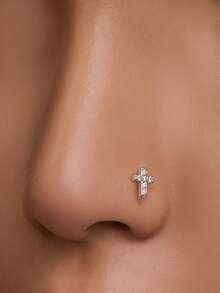 1pc S925 Sterling Silver Cross Nose Stud,Sterling Silver Nose Stud,Cross Nose Ornament,Nose Piercing Jewelry,Small, Exquisite And Simple,Unisex Jewelry,Everyday Outfits - Multicolor - View 7