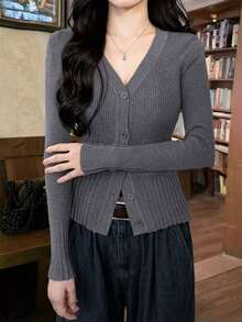 V-Neck Design With Thin Buckle, Long Sleeve, Ribbed Sweater, Bottom Cardigan For Women, Autumn/Winter,Homecoming,Christmas And New Year's Elegant And Casual Long-Sleeved Top - 灰色 - 查看 3