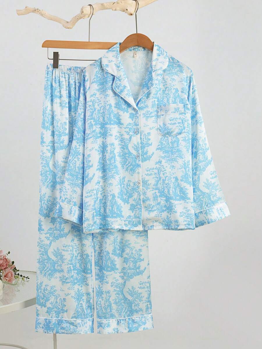 2件套女士印花休闲翻领长袖睡衣套装，家居服