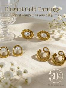 6-Piece Gold-Plated Stainless Steel Earrings For Women With Pearl Accents Featuring An Elegant And Stylish Design With Pearl Embellishments, These Earrings Boast An 18k Gold-Plated Finish. Perfect For Everyday Wear Or Special Occasions, They Make An Ideal Gift For Friends And Close Confidantes. - Gold - View 5