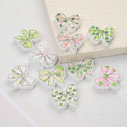 3pcs Spring & Summer Fresh Bowknot Silicone Beads, Lucky Four-Leaf Clover Pink & Green Ditsy Floral Pierced Beads, For DIY Jewelry Making Bracelets Necklaces Accessories | Holiday Gift Craft Supplies