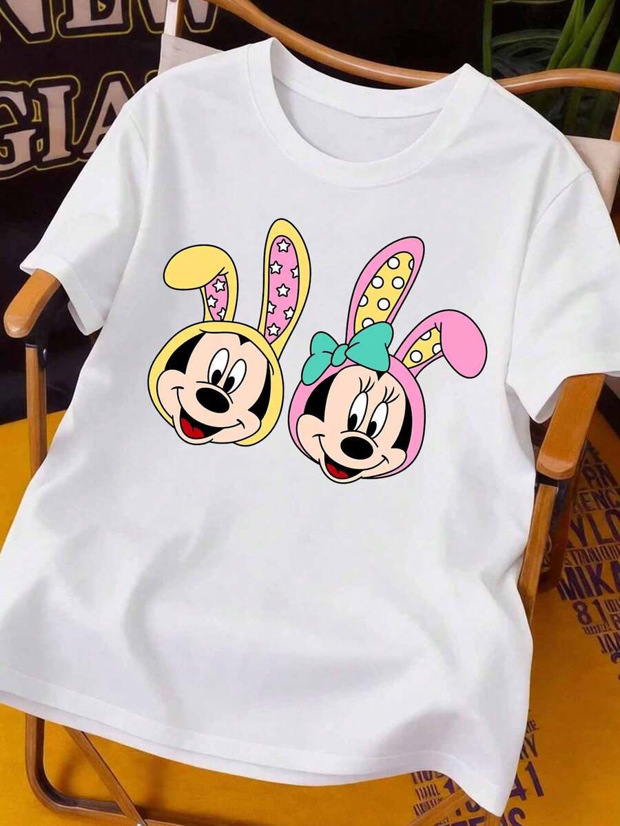 Disney New Summer Easter Mickey And Minnie Mouse Pattern T-Shirts, Casual Cartoon Round Neck Short-Sleeved Tops For Men And Women, Comfortable, Soft, And Breathable Pure Cotton Women's T-Shirts, Suitable For Holiday Outings, Outdoor Sports, Parties, And Commuting. - White - View 1