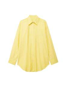 DEEKA Women's Spring/Summer New Arrival Dropped Shoulder Long Sleeve Single-Breasted Striped Loose Shirt, European & American Style French Design Fashionable Versatile Striped Wide-Leg Pants Suit - Yellow Stripes - View 3