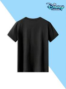 Boys' Casual Crew Neck T-Shirt With Classic Disney Mickey Mouse Print. The Front Features A Black And White Mickey Mouse With His Arms Crossed And The Word "MICKEY" Vertically. Suitable For Children Aged 4-12, Perfect For Theme Park Outings, Family Vacations, Everyday School Days, Outdoor Parties, And More. Sweat-Wicking, Breathable, Skin-Friendly, Comfortable, And Durable. The Cartoon IP Design Meets Boys' Daily Clothing Needs. Compatible With Wide-Leg Jeans, Cargo Shorts, Casual Sportswear, And Other Casual Wear. A Versatile Children's Clothing Item That Goes With Everything. - Black - View 3