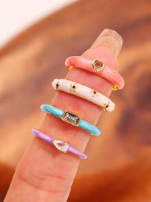 4件套 时尚精致优雅可爱小众设计 水钻花朵珍珠戒指，女士日常节日派对礼物首饰 - 彩色 - 查看 7