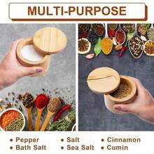 1pc Bamboo Salt And Spice Storage Container With Magnetic Rotating Lid And Spoon, Bamboo Organizer Box Suitable For Salt, Pepper, Seasoning, Sugar - Multicolor - View 3