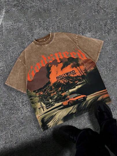 SDFVGHJ 1PC Men's Washed Vintage Crewneck T-Shirt, 100% Cotton 230GSM, Godspeed Highway Car Print, Retro Faded Style, American Streetwear, Summer Outfit, For Daily Commute, Streetwear, Music Festivals, Friends Gatherings, Valentine's Day Gift For Boyfriend Mens Clothes Shirts