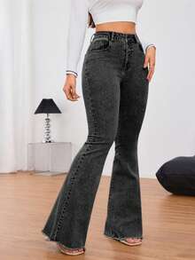 Women's Black High Waist Flare Jeans Frayed Hem Denim Pants - 黑色 - 查看 6