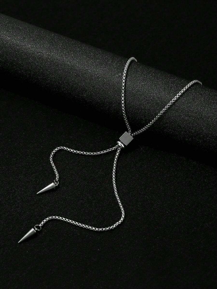 1件装不锈钢双铆钉吊坠项链，男士时尚简约可调节项链 - 雙鉚釘 - 查看 1
