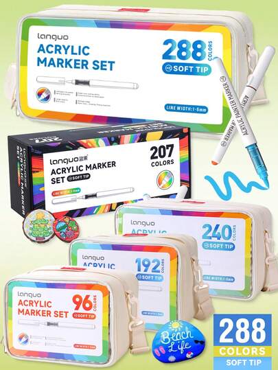 Languo 9-Color Set Soft Tip Liquid Acrylic Markers, 288 Colors Student DIY Graffiti Painting Book Filling Colors, Non-Fading Paper, Stackable Colored Markers, Bright Black Series Skin Tone Series Painting People Colors Brush, Waterproof Soft Acrylic Brush, DIY Shoes Shirts