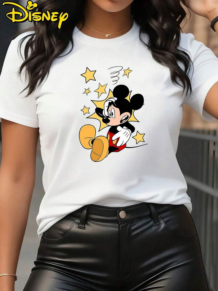 Disney - Cute Starlight Mickey Print Loose-Fit Casual Round-Neck T-Shirt | Soft And Stretchy Short-Sleeve Blouse, Fashionable Cartoon Print, Women'S Wear For Summer - trắng - Xem 1