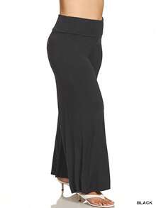 Womens Casual Palazzo Pants Elegant Flowing Wide Leg Fashion High Waisted Flare Bottom Trousers Stretchy Comfortable Fold Over Waistband Black All Season Dance Yoga Lounge Evening Wear - 黑色 - 查看 5