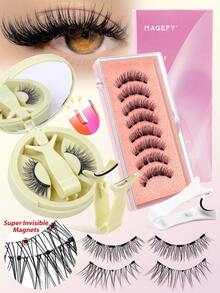 MAANGE 1/2/3 Pairs Magnetic Cartoon Fox Eye Lashes, Reusable Eyelash Set With Clips, Invisible Round Magnetic Lashes With Applicator, No Glue Magnetic Eyelashes Set, Easy To Wear And Remove, Comfortable All Day, Elegant Packaging For Travel And Gift - 黑色 - 查看 2