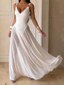 WOWDARK Summer Dress, White Elegant V-Neck Mesh A-Line Spaghetti Strap Party Dress For Women, Suitable For Valentine's Day, Dates, Gatherings, Parties, Travel, Vacation, Beach And Other Occasions Wedding Spring - 白色 - 查看 3