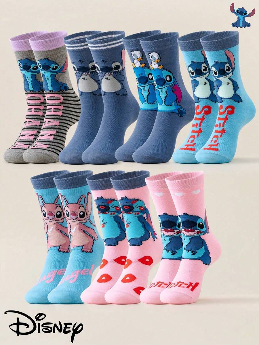 Disney 1/3/5双装 Stitch 系列春秋季小腿袜 女袜 卡通提花设计 男女情侣袜 日常百搭袜 适合日常穿着 情人节 - 彩色 - 查看 1