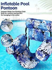 1pc Inflatable Floating Pool Lounge Chair, Inflatable Pool Hammock Chair, Floating Pool Chair, Inflatable Water Hammock With 4 Air Tubes, Blue Floral Pattern Floating Pool Sofa, Suitable For Summer Pool Party, Outdoor, Swimming Pool - 多色 - 查看 5